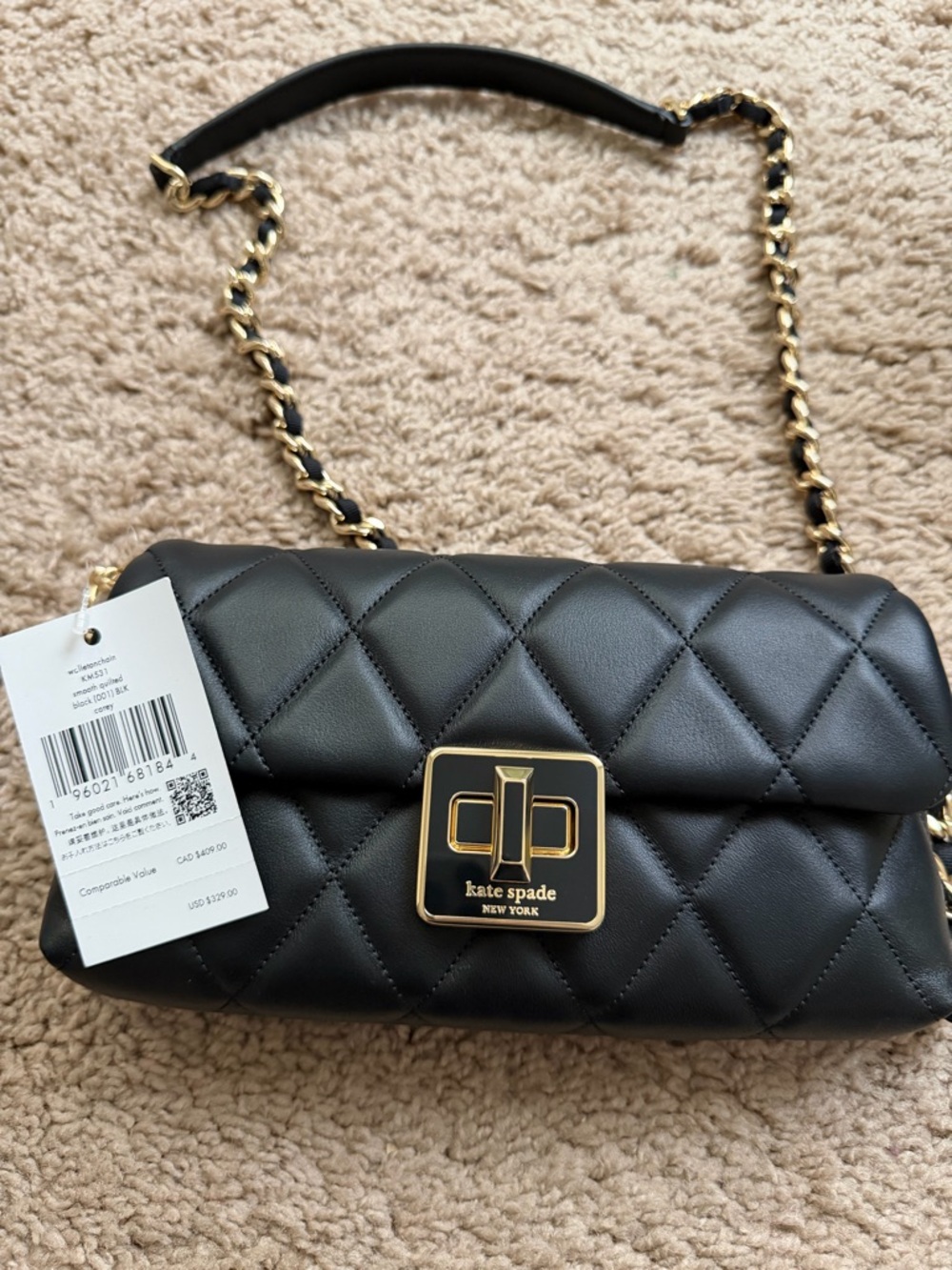 kate spade Black Quilted Leather Shoulder Bag with Gold Hardware